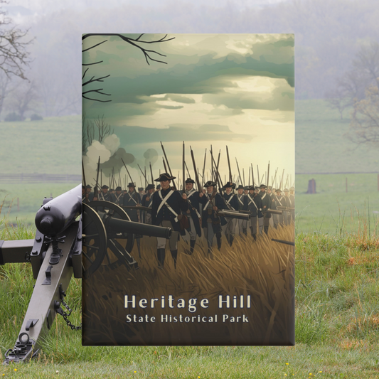 Button magnet featuring soldiers marching through a Smokey battlefield.  Features the text Heritage Hill State Historical Park.  Photo background: cannon overlooking a misty field. 
