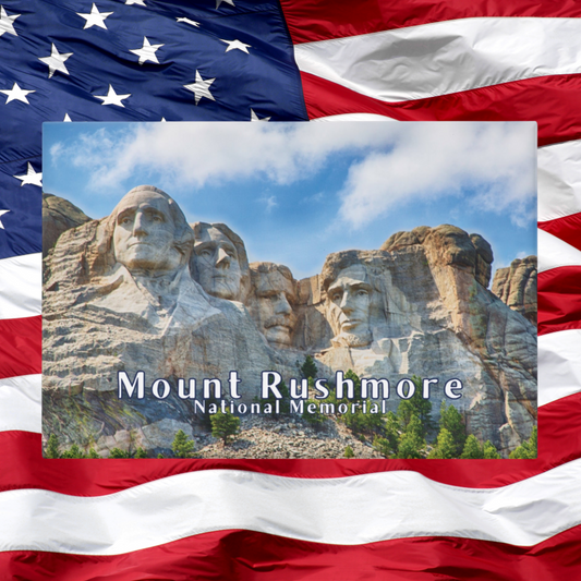 Button magnet design featuring Mount Rushmore and the text Mount Rushmore National Memorial.  Photo background background: American flag. 