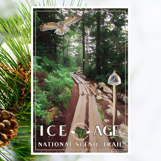 Poster of Ice Age National Scenic Trail with a forest path and owl illustration.