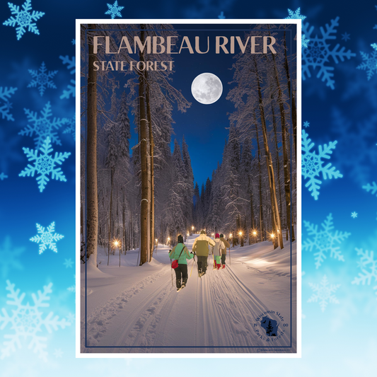 Winter scene with people walking on a snow-covered path in Flambeau River State Forest, surrounded by snowflakes.