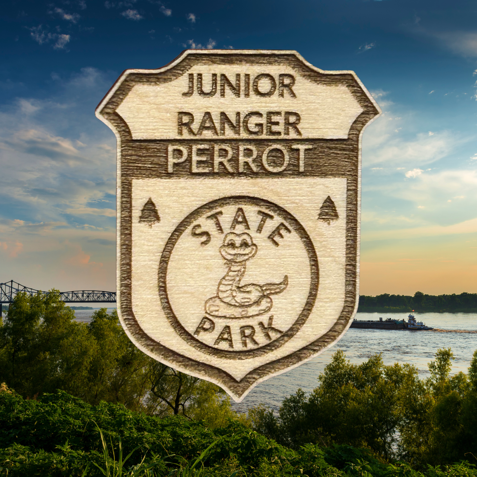 Junior Ranger Perrot State Park design with a scenic background of water and trees.