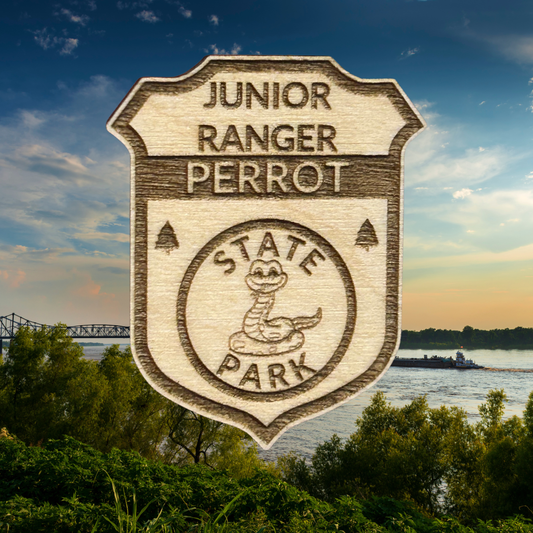 Junior Ranger Perrot State Park design with a scenic background of water and trees.