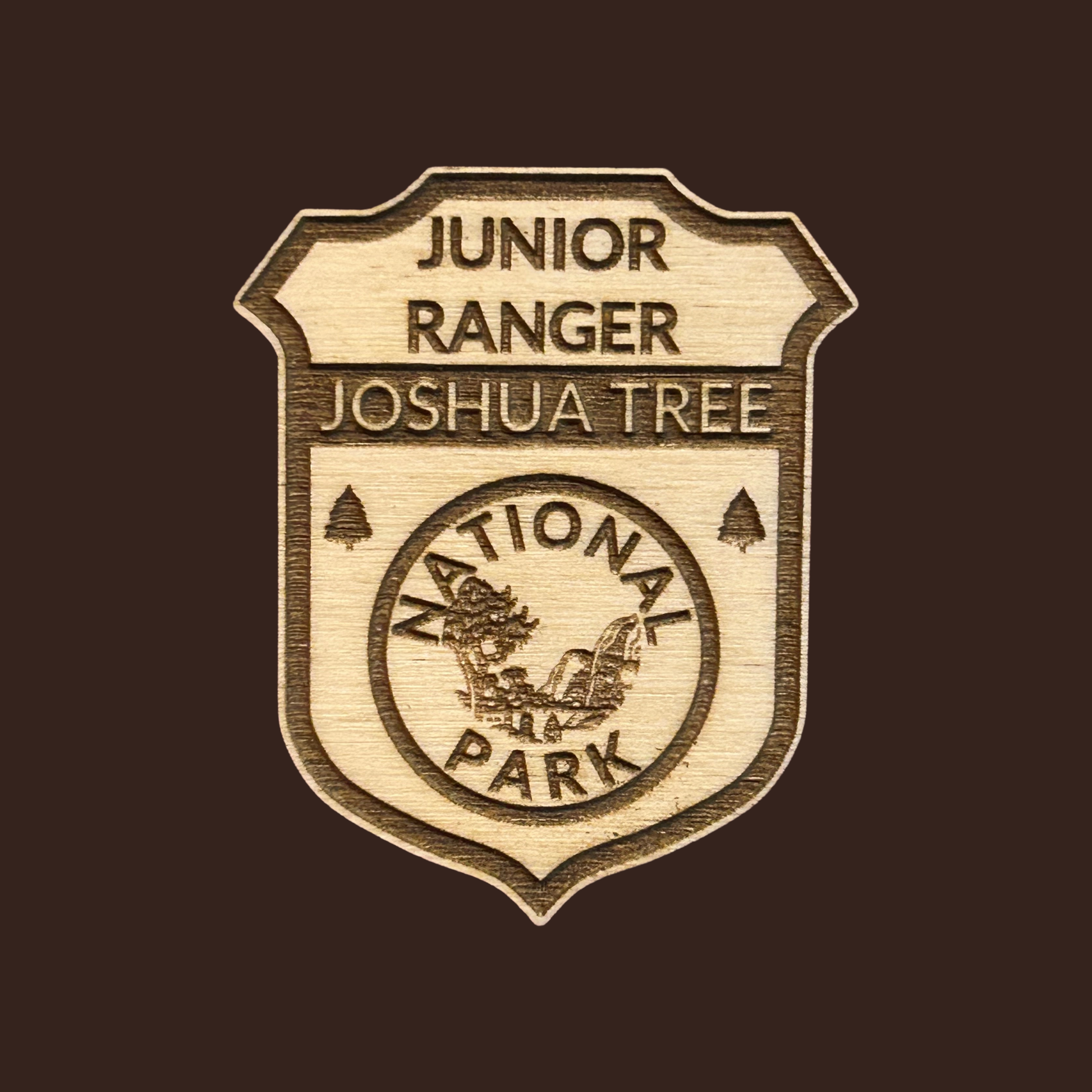 Junior Ranger badge for Joshua Tree National Park on a dark brown background