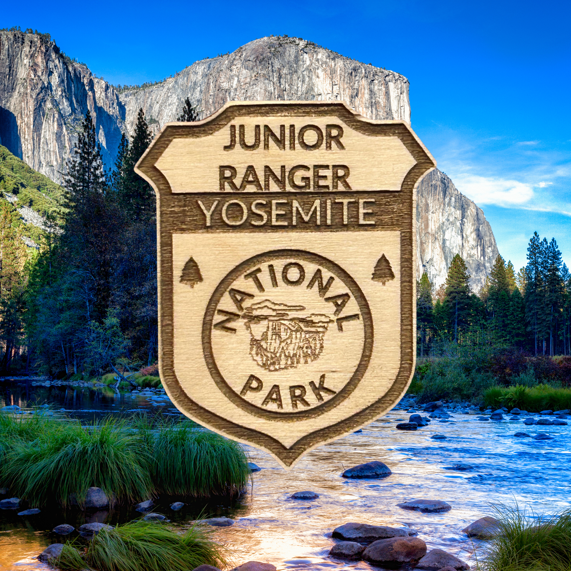 Wooden Junior Ranger Yosemite National Park badge with a scenic background of mountains and river.