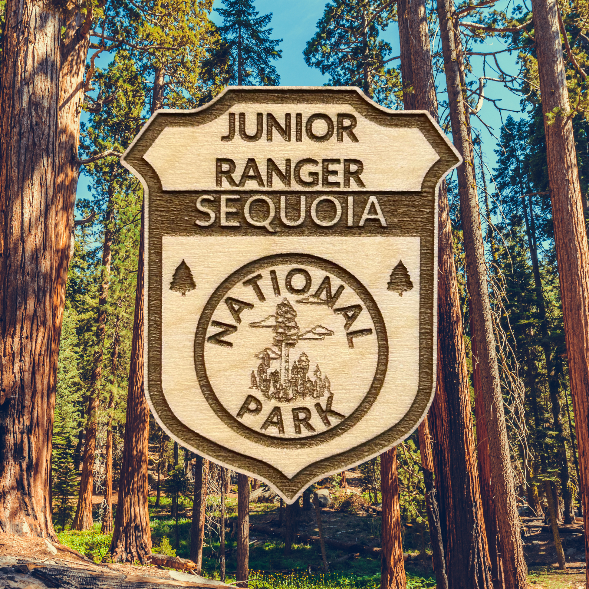 Junior Ranger Sequoia National Park badge in a forest setting