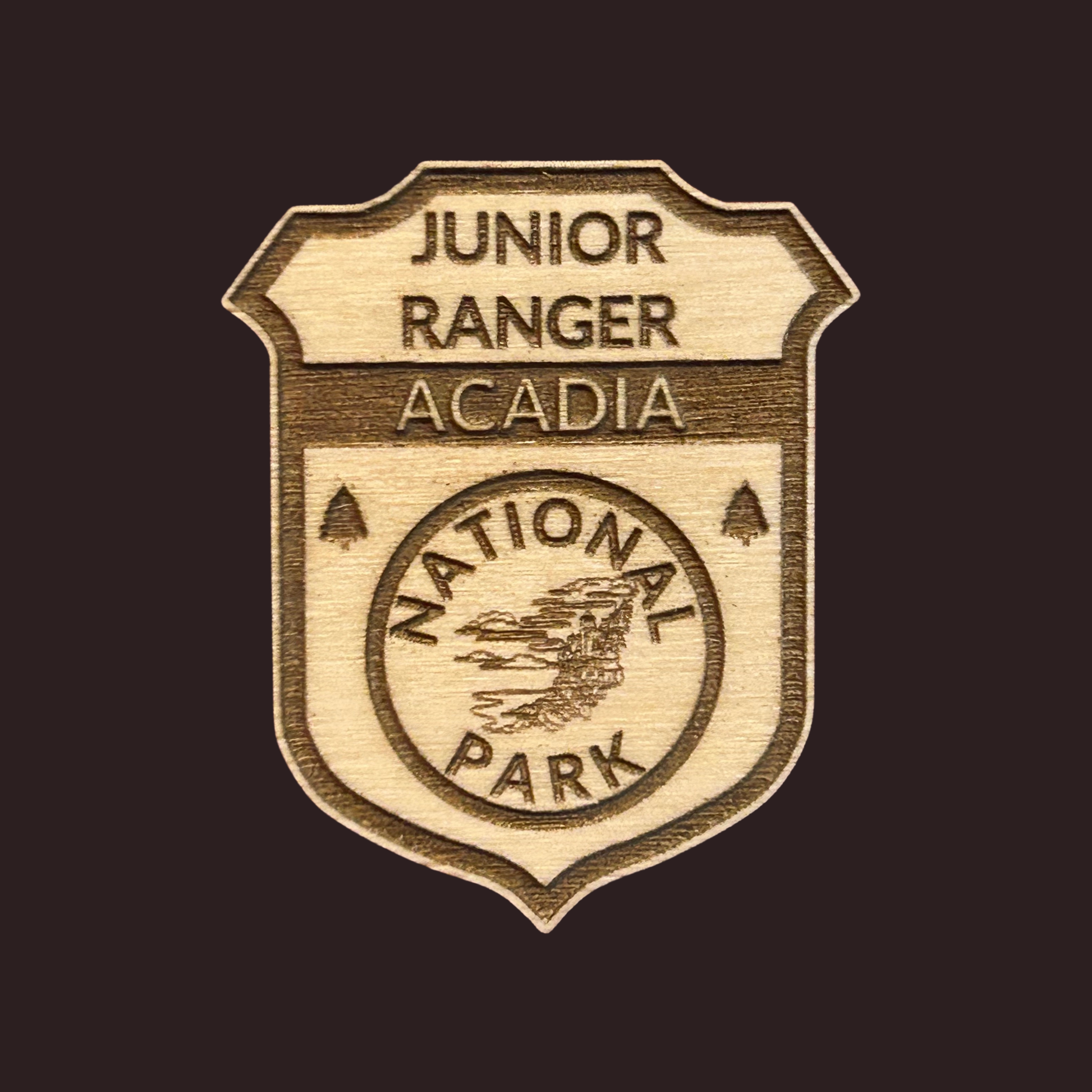 Junior Ranger Acadia National Park badge on a dark background