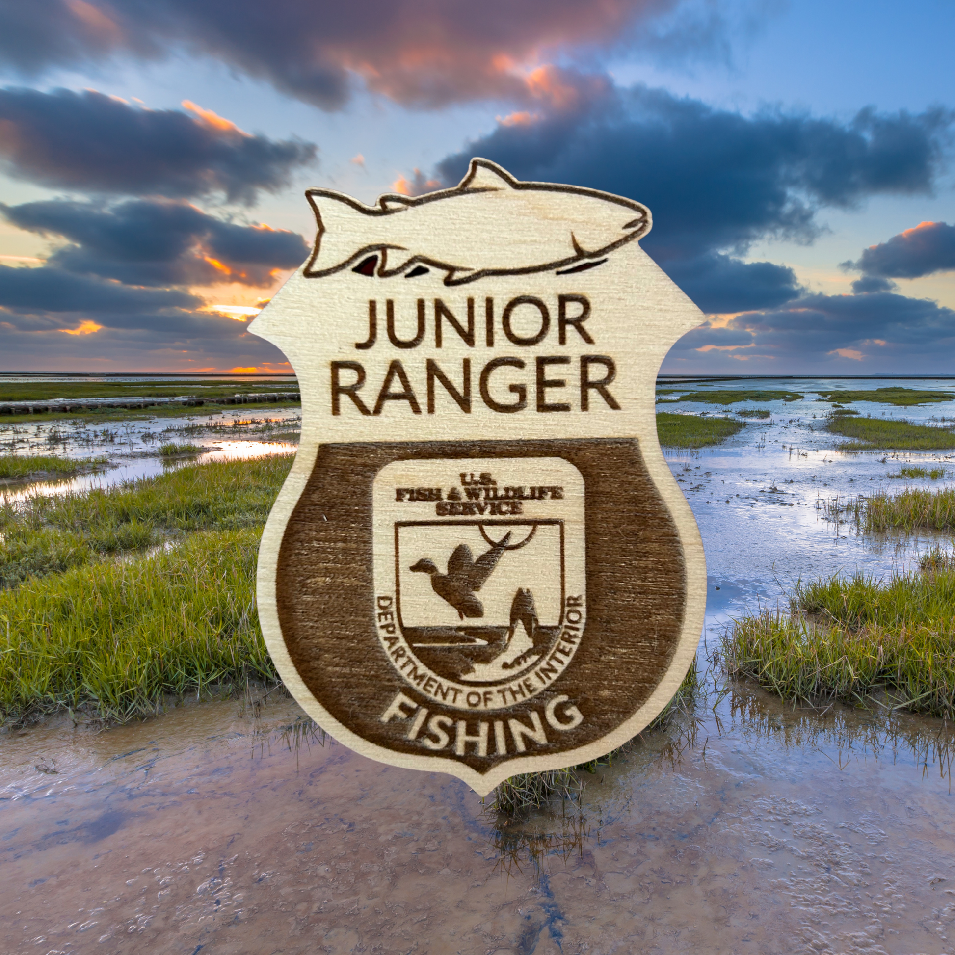 Junior Ranger badge with fishing theme against a natural landscape background