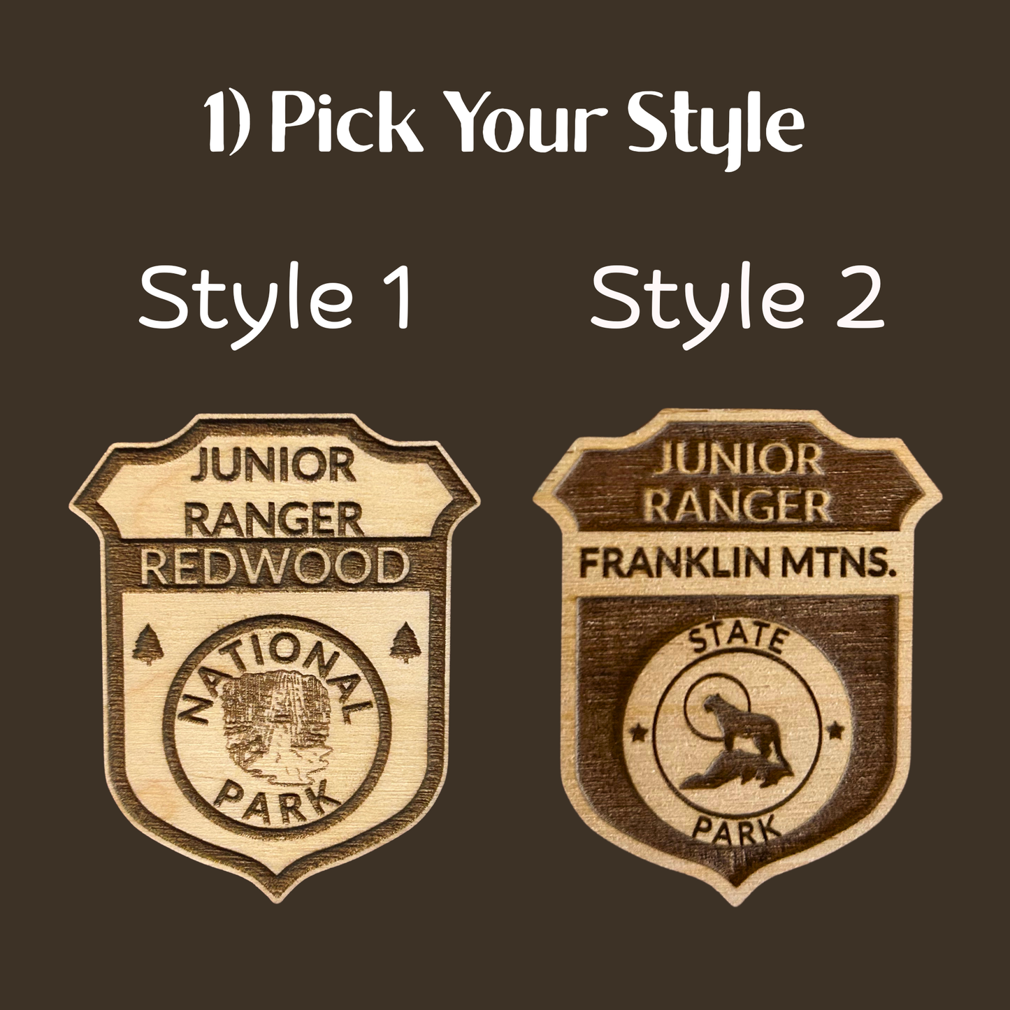 Two Junior Ranger badges with different park names on a brown background.  Image is depicting the two styles of badges that can be chosen for your custom badge.