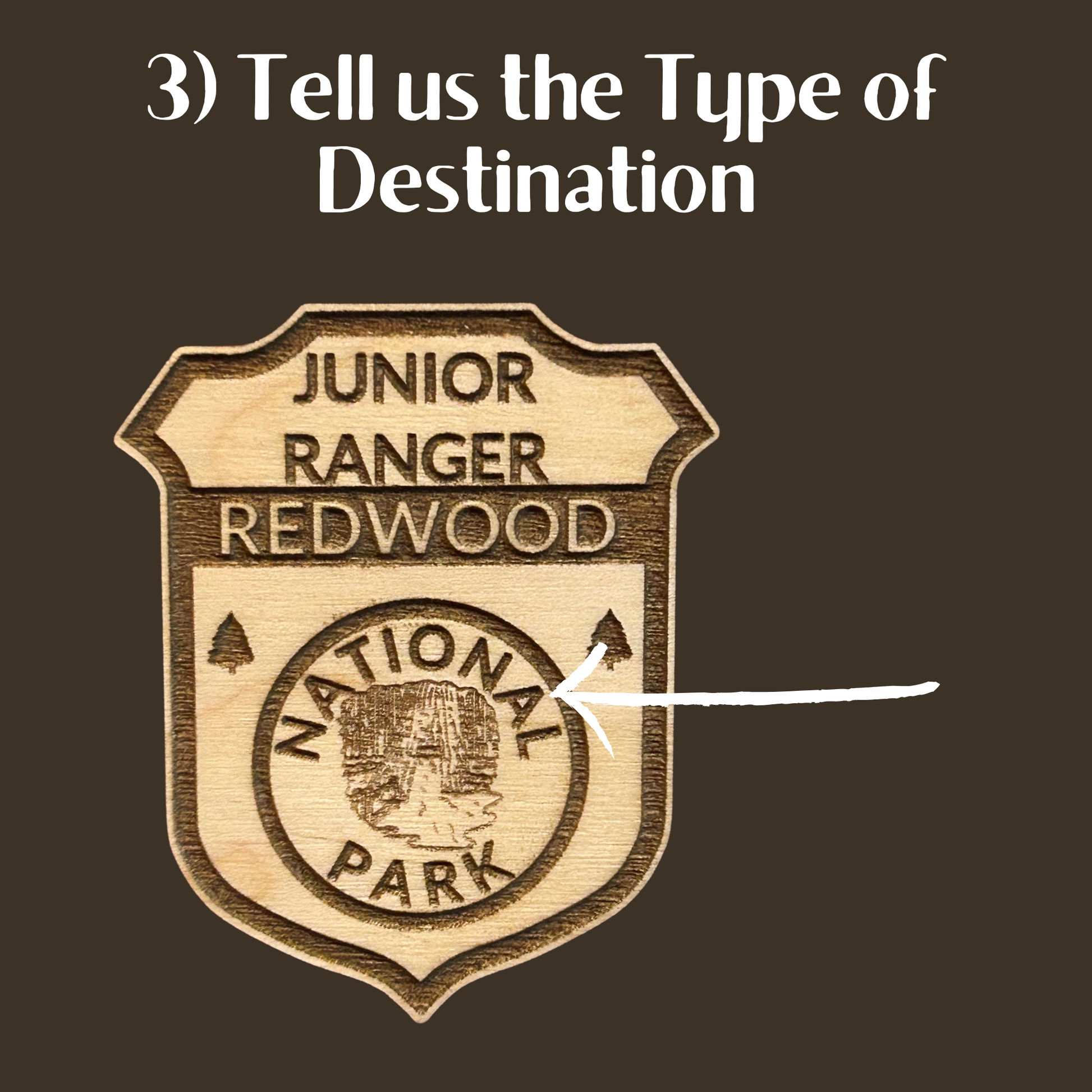 Wooden badge with 'Junior Ranger Redwood National Park' text on a brown background.  Image indicates text that is customizable.