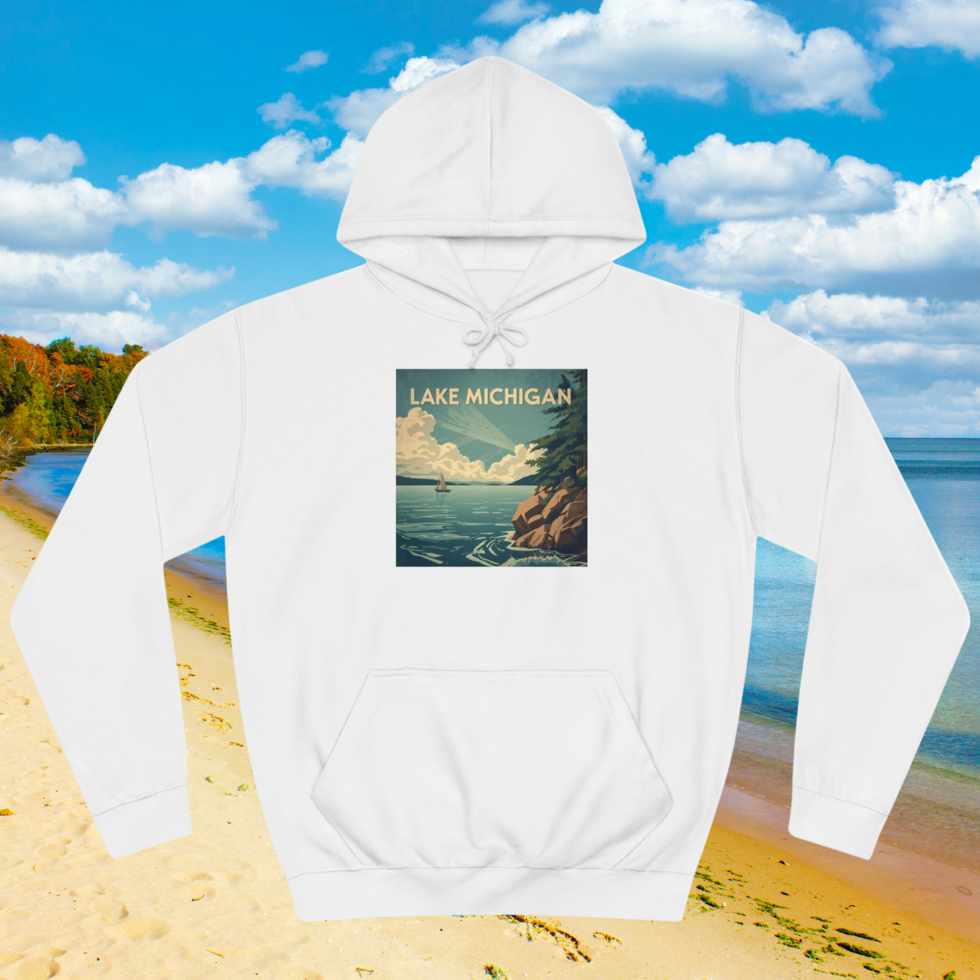 White hoodie with Lake Michigan design on a beach background