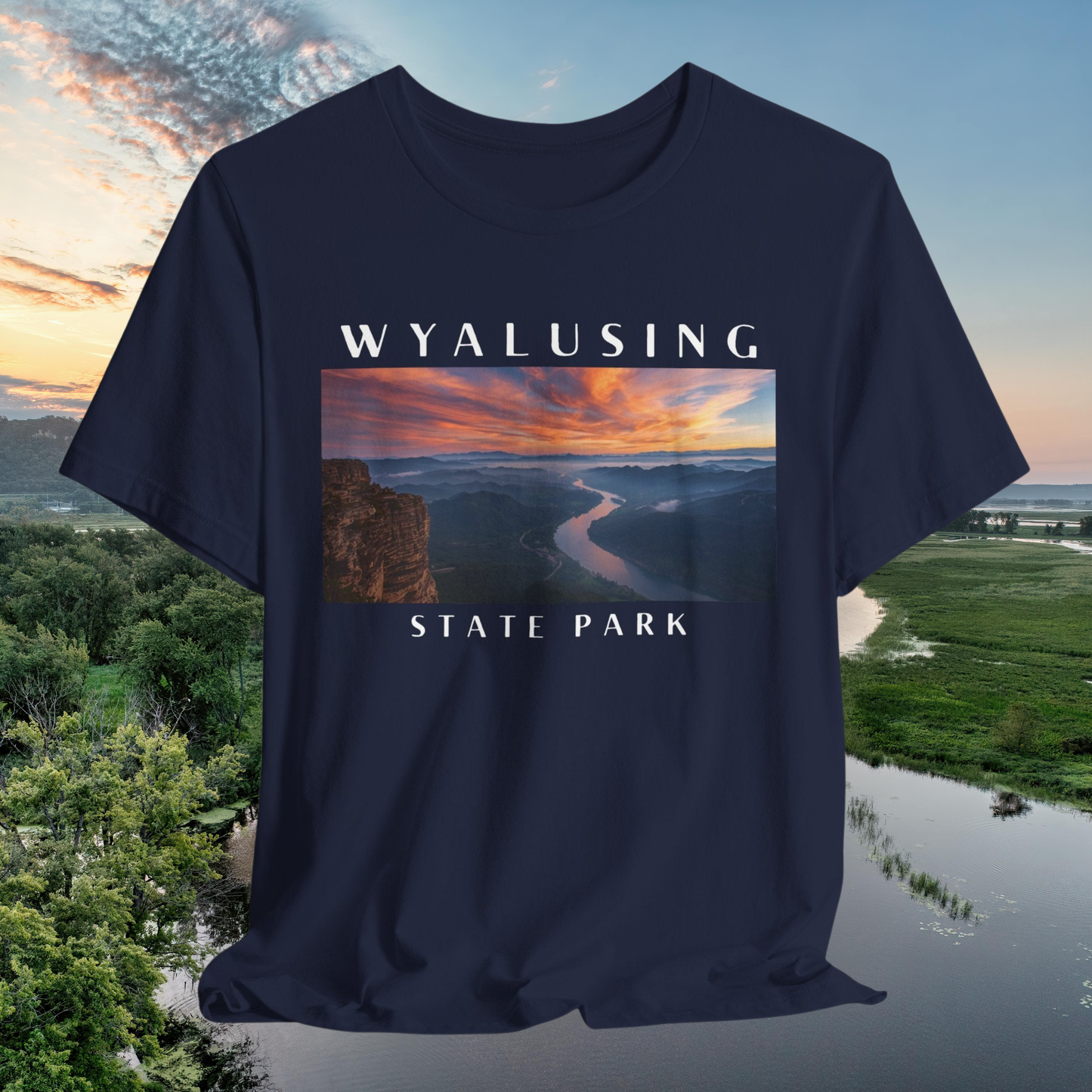 Navy blue t-shirt with Wyalusing State Park graphic design on a scenic background