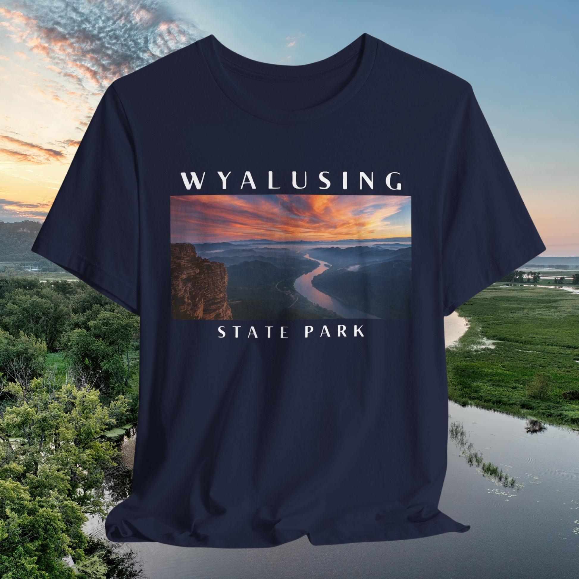 Navy blue t-shirt with Wyalusing State Park graphic design on a scenic background