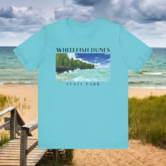 Tourquise t-shirt with 'Whitefish Dunes State Park' design on a beach background