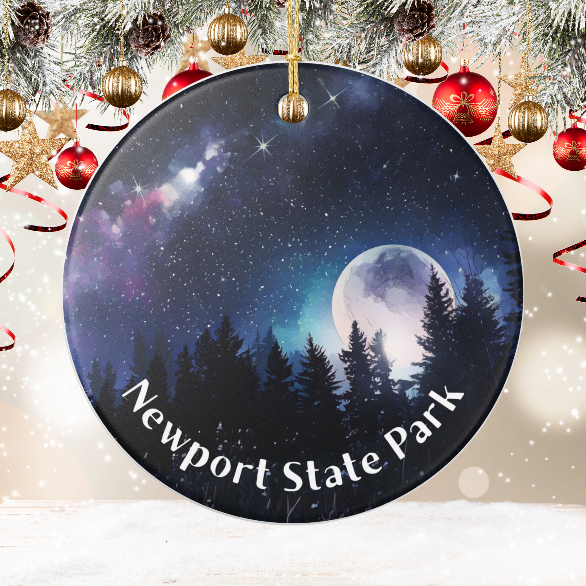 Round ceramic ornament with a night sky design and 'Newport State Park' text, featuring a moon and trees on a festive background