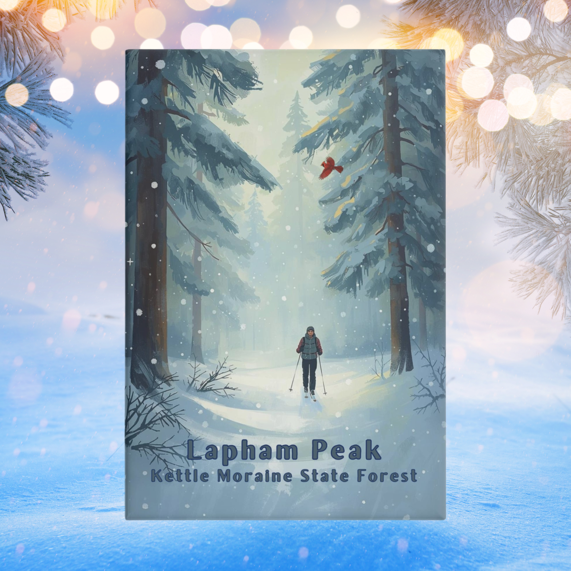 Button magnet with a winter scene of a person skiing through a forest, with the text 'Lapham Peak Kettle Moraine State Forest'.  Photo background: lights against a snowy background.