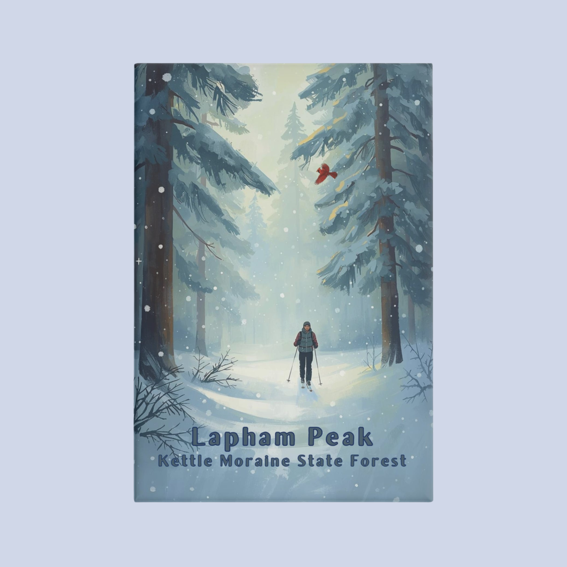 Button magnet with a winter scene of a person skiing through a forest, with the text 'Lapham Peak Kettle Moraine State Forest' in a light blue background.