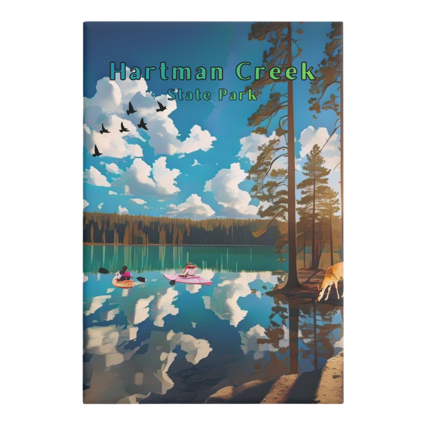 Button Magnet with 'Hartman Creek State Park' design featuring a lake, trees, and people in kayaks.