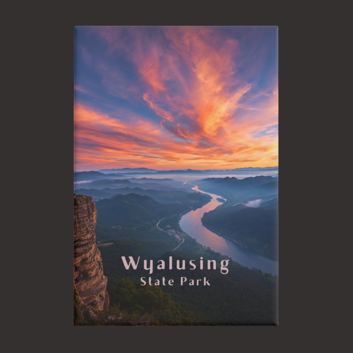 Magnet of Wyalusing State Park with a sunset over a river and rolling hills.