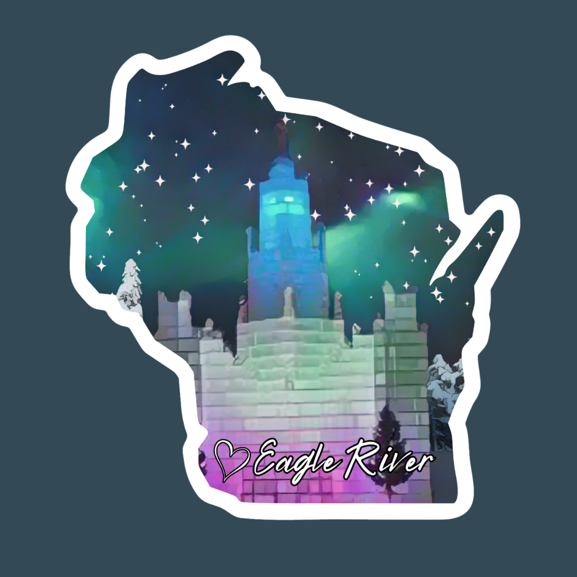 Wisconsin shaped sticker featuring a night design of the Eagle river ice castle on a dark background.