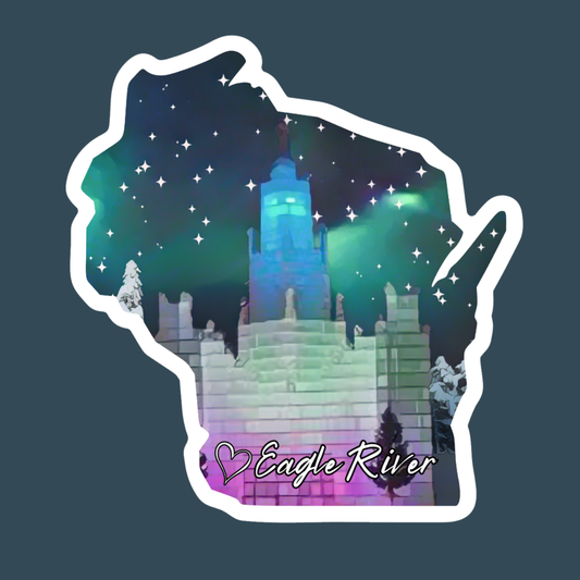 Wisconsin shaped sticker featuring a night design of the Eagle river ice castle on a dark background.