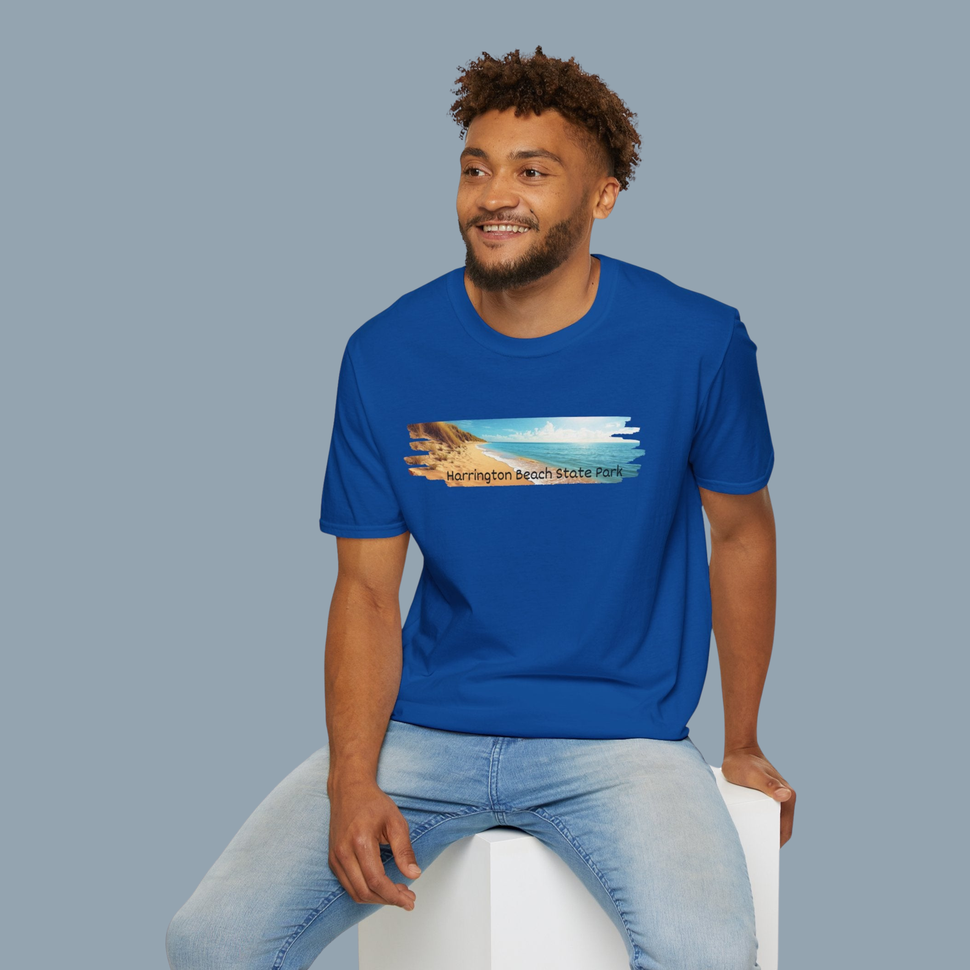 Man wearing a royal blue t-shirt with a graphic design on a gray background