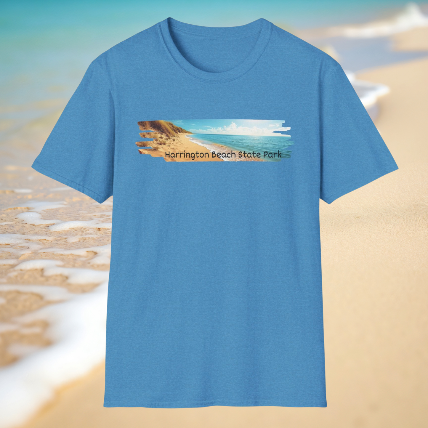 Heather sapphire t-shirt with Harrington Beach State Park graphic on a beach background