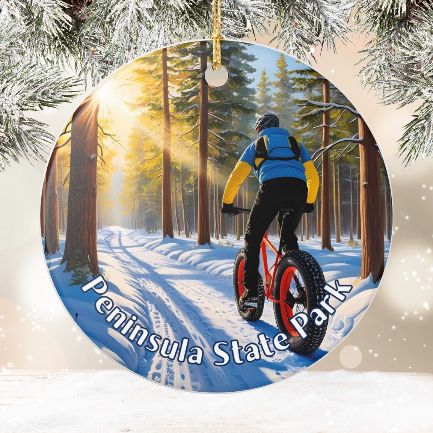 Ornament with a person on a fatbike in Peninsula State Park during winter.