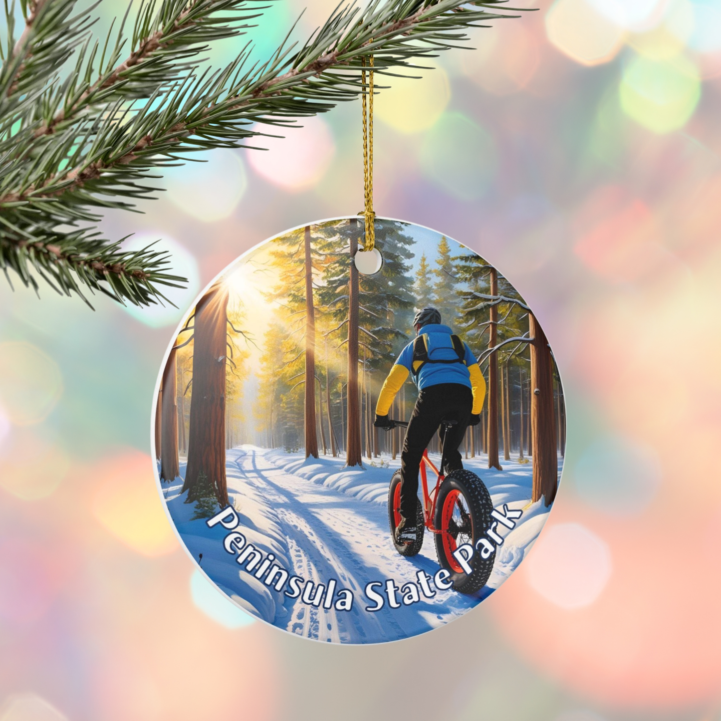 Ornament with a person on a bike in a snowy forest, hanging from a tree branch.