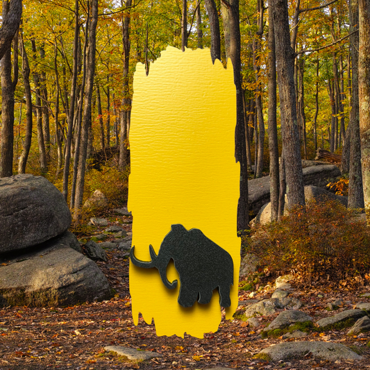 Yellow blaze decal with a black mammoth silhouette against a forest setting