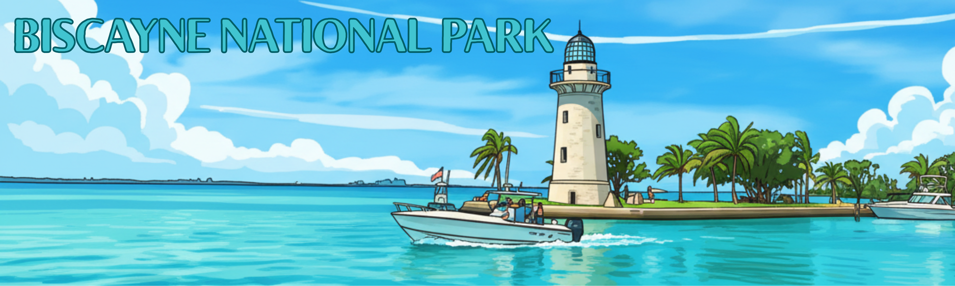 Cartoon illustration of a lighthouse at Biscayne National Park with a boat in the foreground.