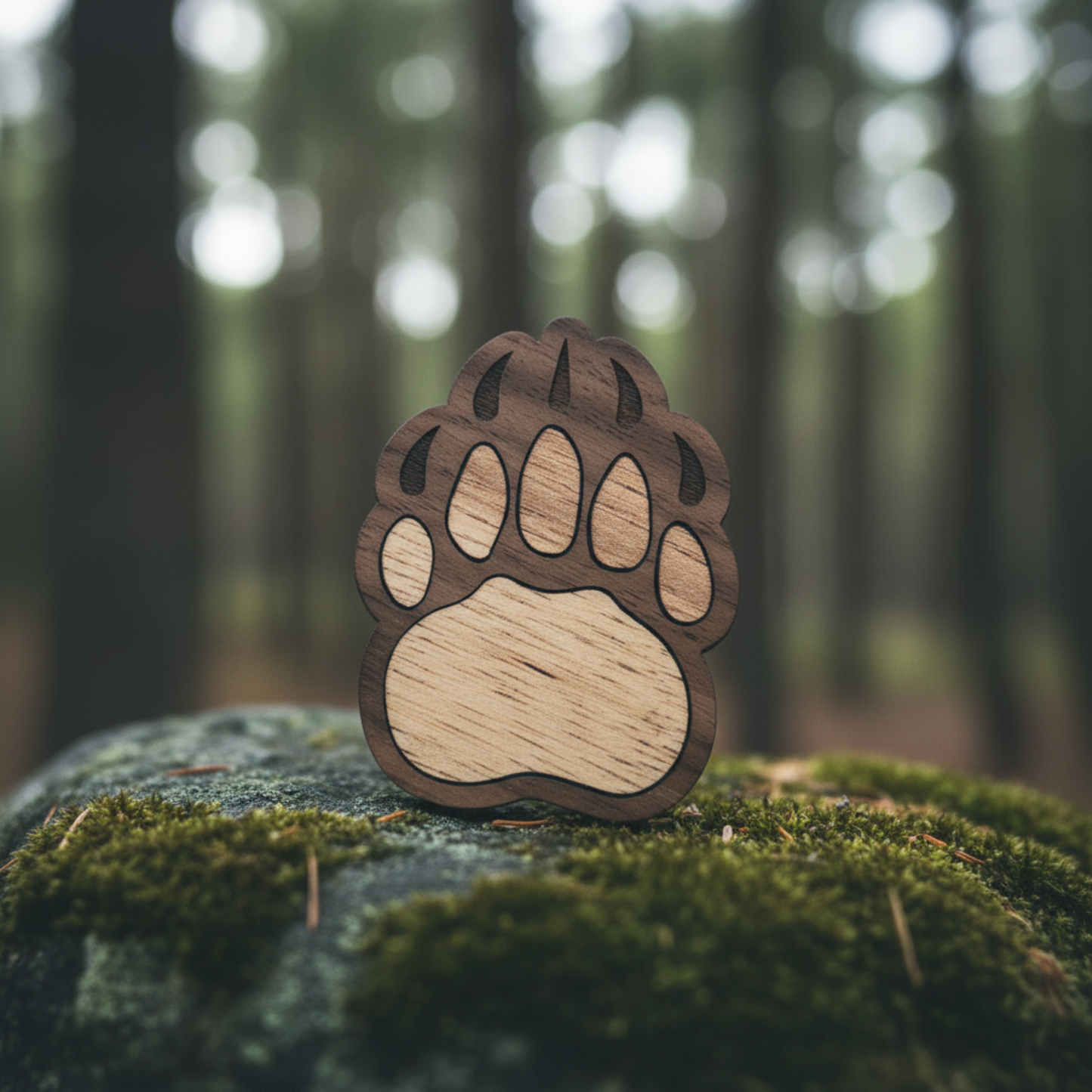 Wooden bear paw magnet on a mossy rock in a forest setting