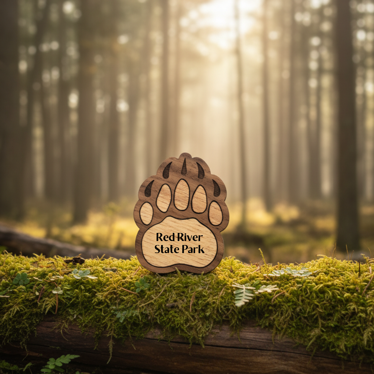 Wooden Bear paw magnet for Red River State Park in a forest setting