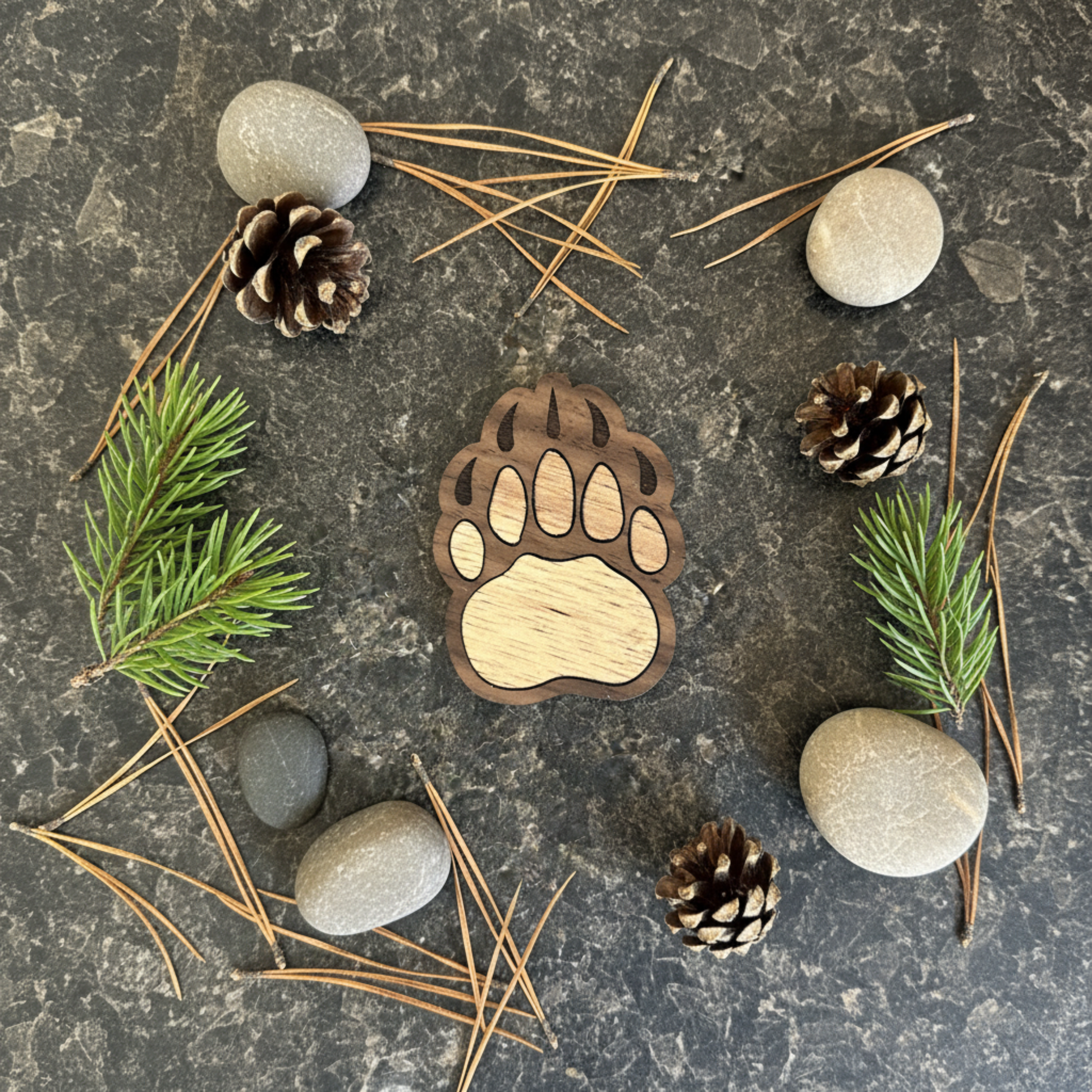 Wooden bear paw magnet surrounded by stones, pine cones, and branches on a dark surface