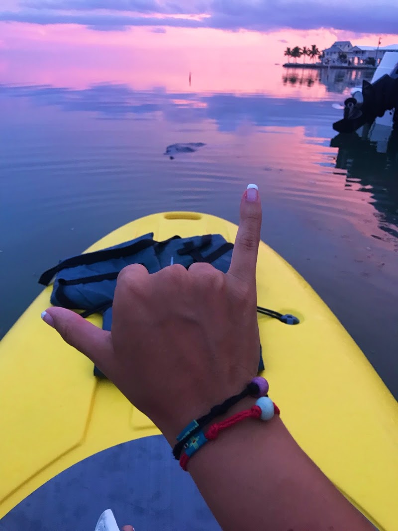 Person on a kayak pointing towards a sunset over water with a house and trees in the background.