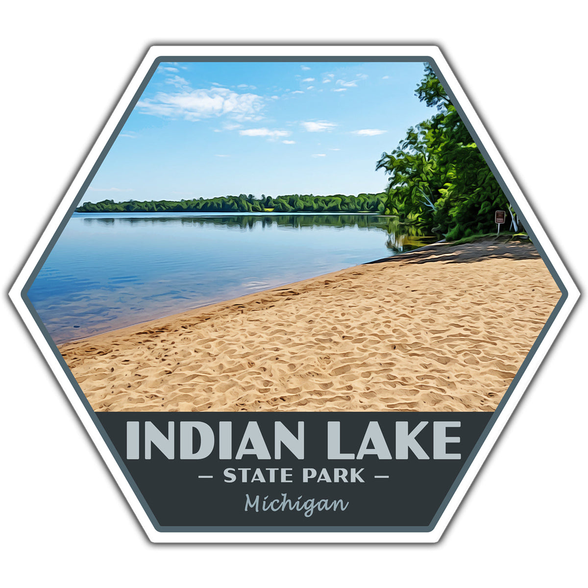Hexagonal sticker of Indian Lake State Park in Michigan with a beach and lake view.