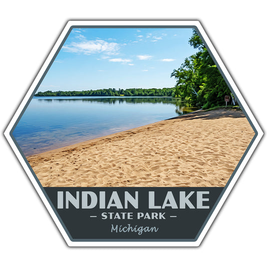 Hexagonal sticker of Indian Lake State Park in Michigan with a beach and lake view.