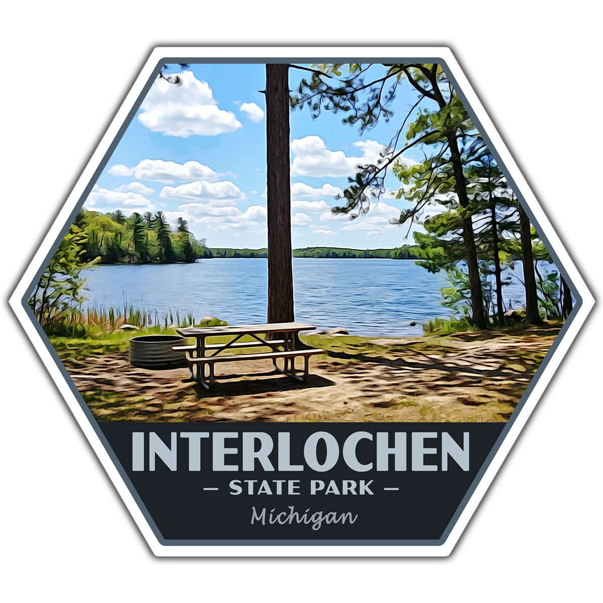 Hexagonal sticker of Interlochen State Park with a picnic table and lake view.