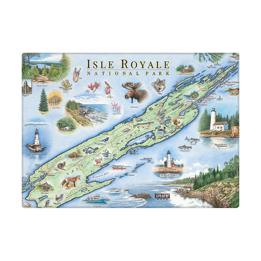 A rectangular illustrated magnet of Isle Royale National Park, showing the park island with lighthouses, bears, deer, trees, boats, and water, centered on a white background.