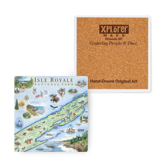 Two square coasters shown on a white background: one with a colorful illustrated map of Isle Royale National Park and one with a tan cork-style printed surface featuring the Xplorer Maps logo and the phrase 'Connecting People & Place.'.