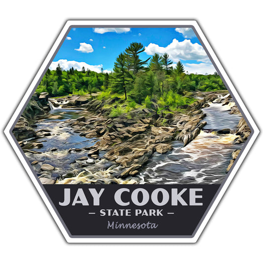 A hexagonal Jay Cooke State Park Minnesota sticker or decal featuring a stylized landscape of a rocky river, green trees, and blue sky, with the text 'JAY COOKE STATE PARK Minnesota' on a dark band at the bottom.