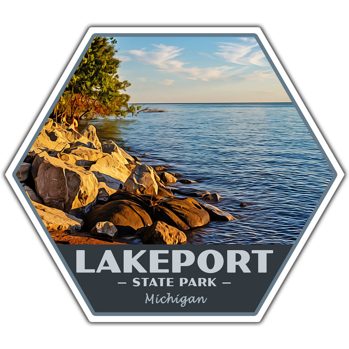 Hexagonal sticker of Lakeport State Park, Michigan with a scenic view of water and rocks.