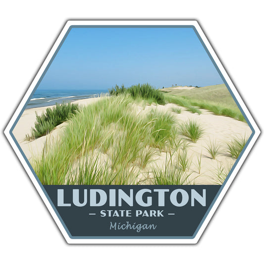 A hexagonal sticker featuring a photograph of sand dunes with green grass and the ocean under a blue sky, with the text 'LUDINGTON - STATE PARK - Michigan' at the bottom.