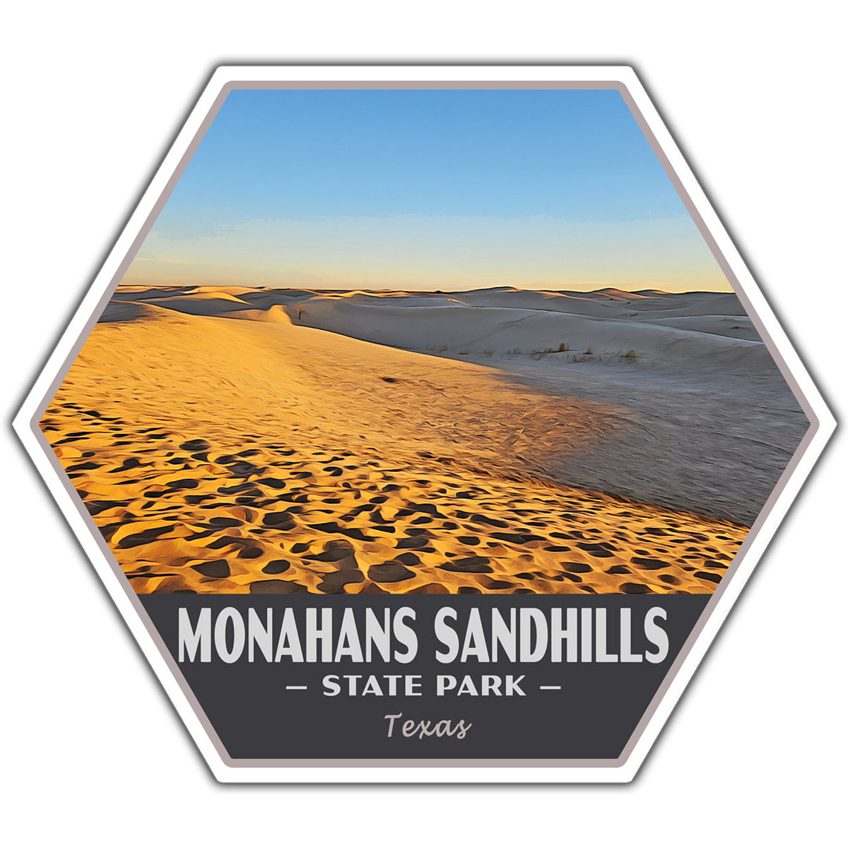 Hexagonal sticker of Monahans Sandhills State Park with sand dunes and sky.