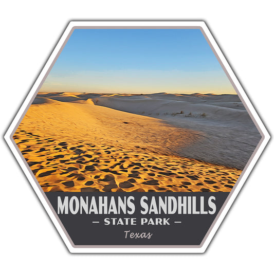 Hexagonal sticker of Monahans Sandhills State Park with sand dunes and sky.