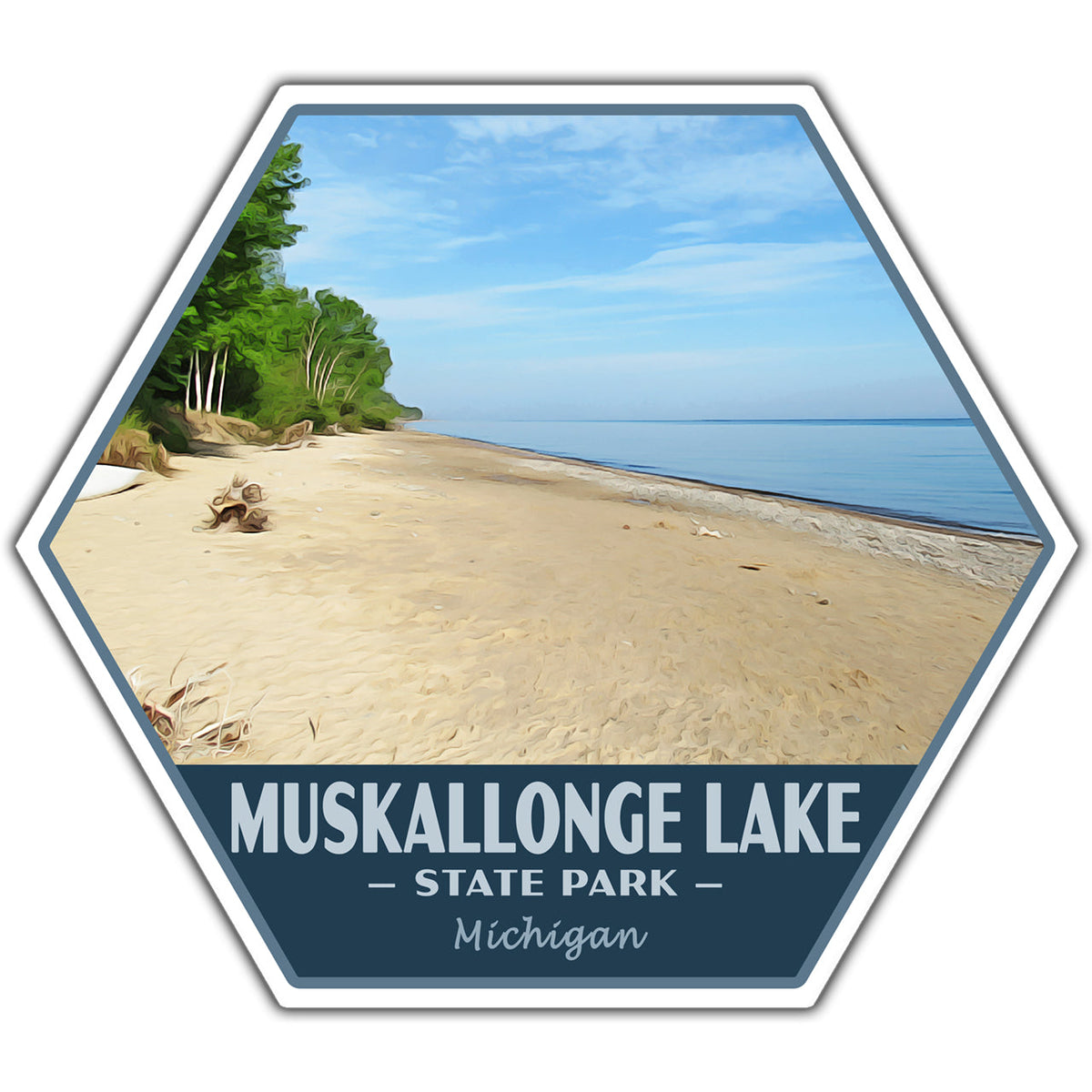 A hexagonal sticker design featuring a beach scene at Muskallonge Lake State Park, Michigan, with a blue sky, sandy shore, green trees, and a dark blue banner reading 'MUSKALLONGE LAKE - STATE PARK - Michigan'.