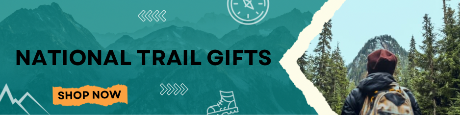 National Trail Gifts banner featuring artistic design and image of hiker looking at a mountain