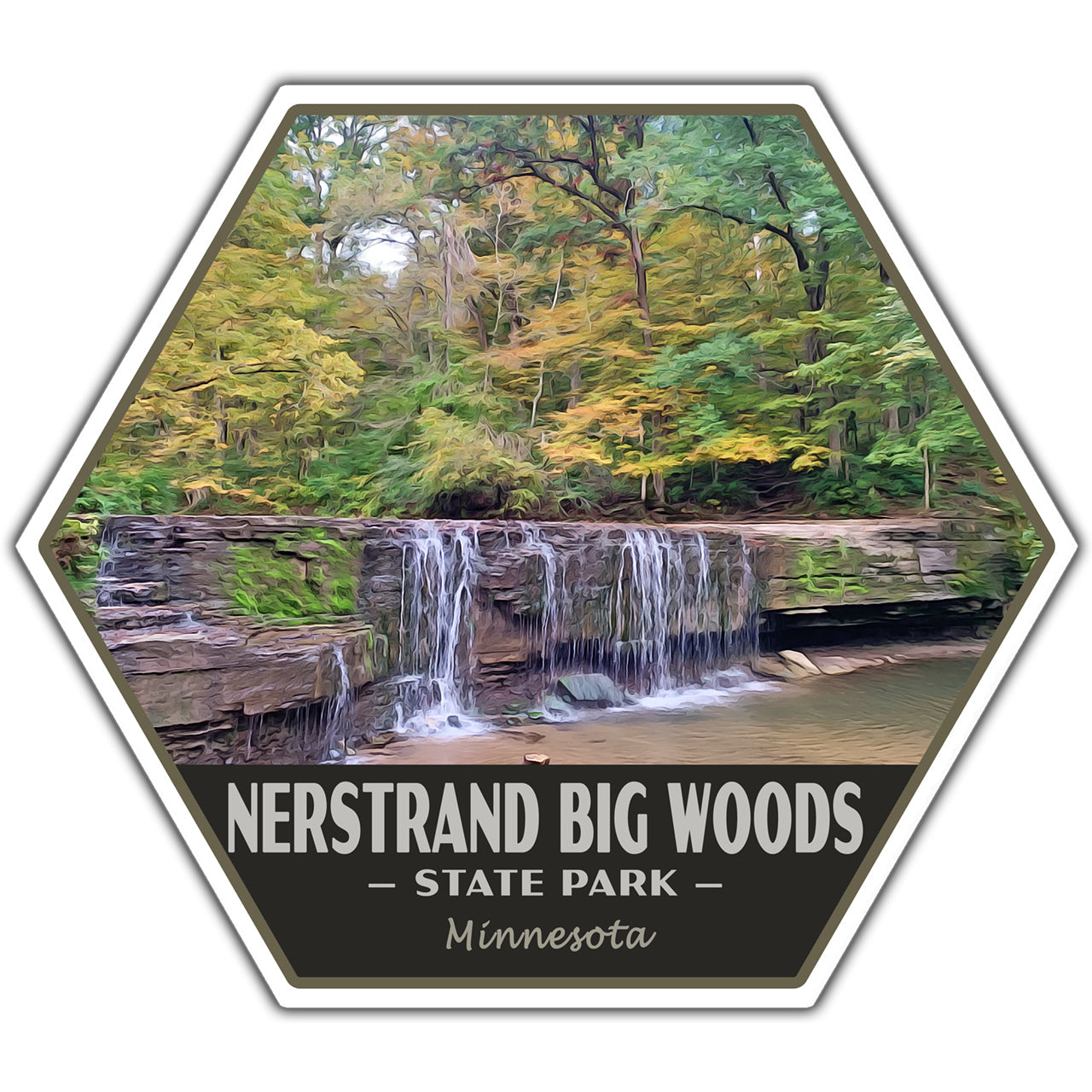 Hexagonal sticker of a waterfall in NERSTRAND BIG WOODS STATE PARK, Minnesota.