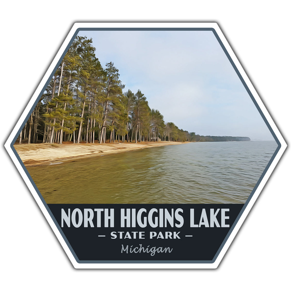 A hexagonal sticker or decal featuring a scenic photograph of North Higgins Lake in Michigan, with a sandy shoreline lined with pine trees and the text 'NORTH HIGGINS LAKE - STATE PARK - Michigan' on a dark band at the bottom.