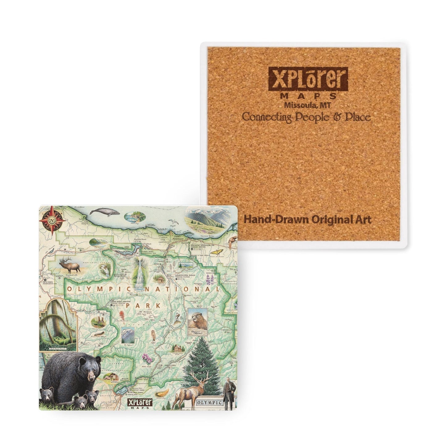 Ceramic coaster with a Hand-drawn map of Olympic National Park with cork backing and Xplorer Maps branding.
