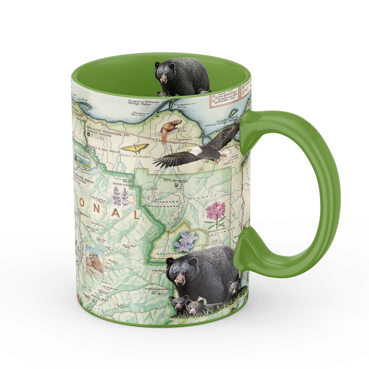 Mug with a map design featuring bears and birds on a white background